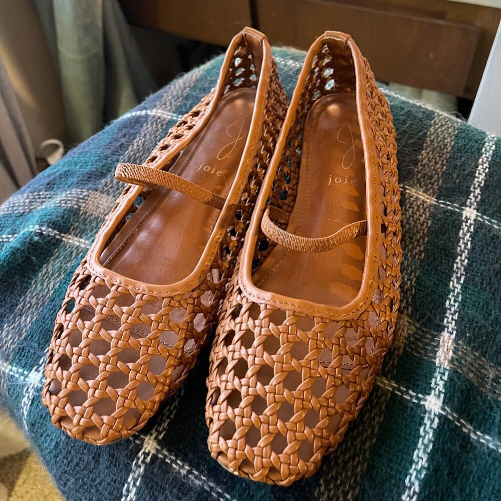 Joie Woven Leather Mary Jane Flats in Cognac Brown